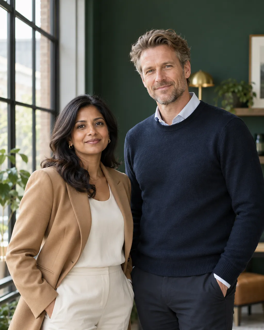 Natural portrait of two accounting firm founders standing side by side by a tall warehouse window, a South Asian…