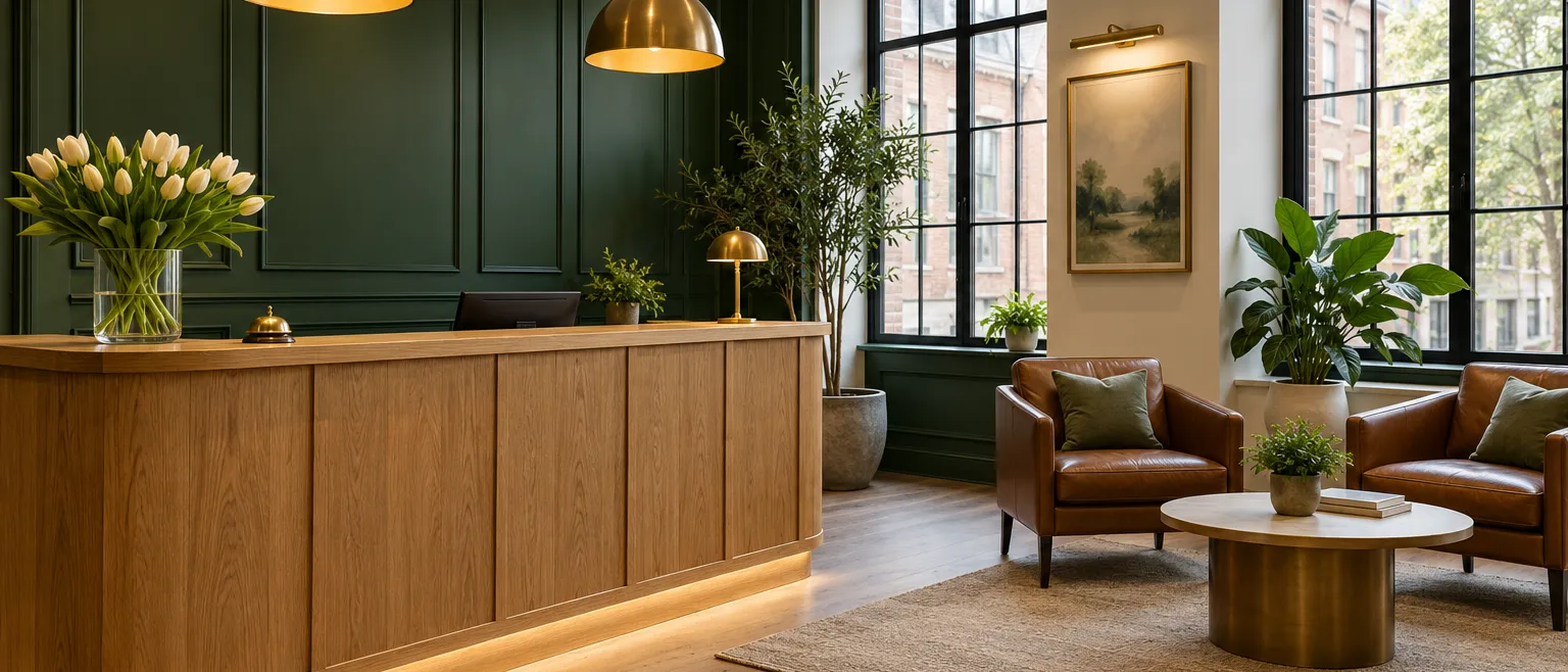A welcoming reception area in a boutique accounting firm, forest green panelled wall, oak reception counter with a…