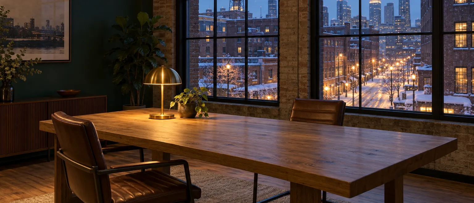Atmospheric wide photograph of a Minneapolis warehouse office at dusk seen from inside, empty oak meeting table with…