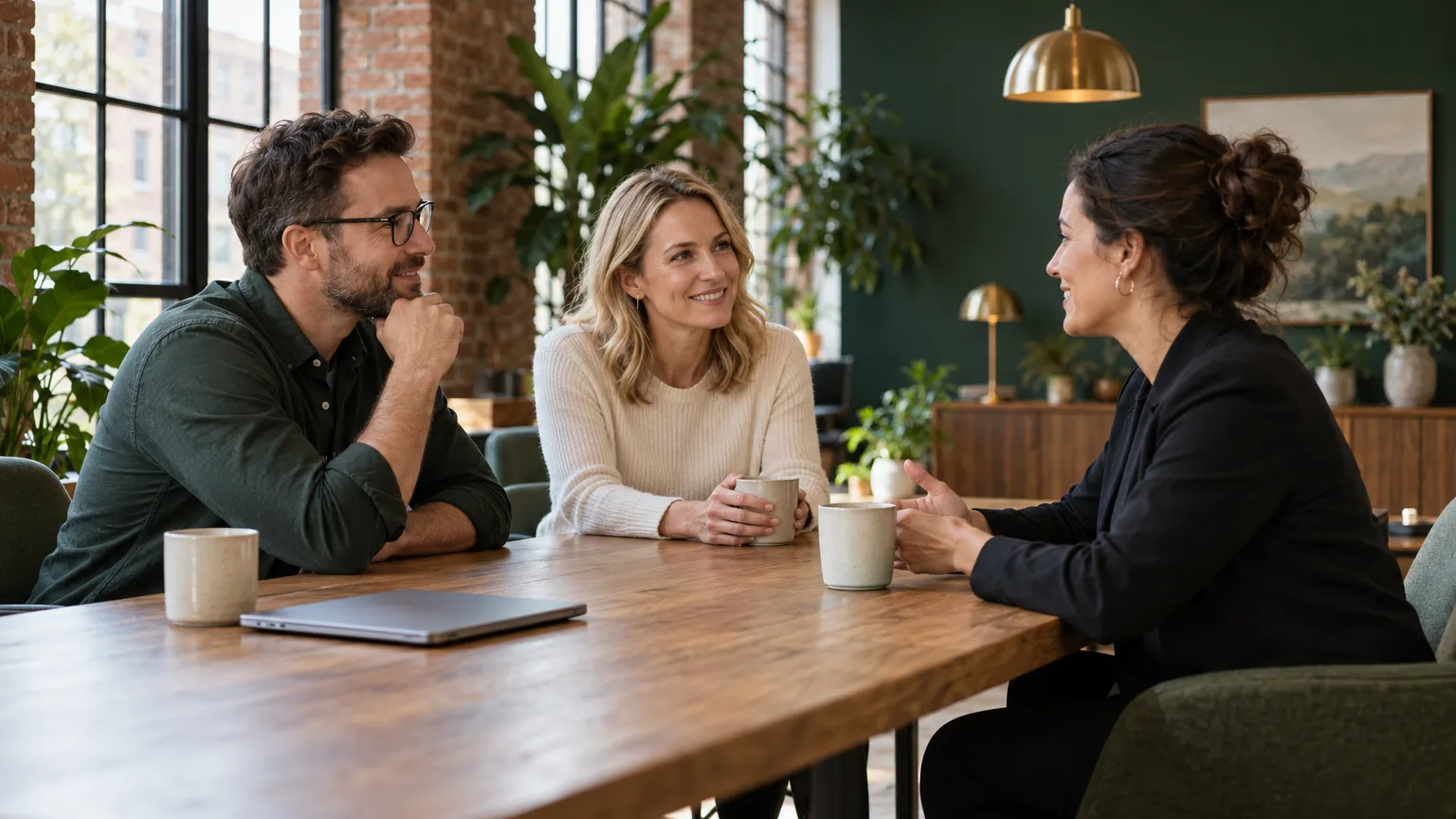 Editorial photograph of a calm modern accounting office in a converted brick warehouse, two advisors in relaxed…