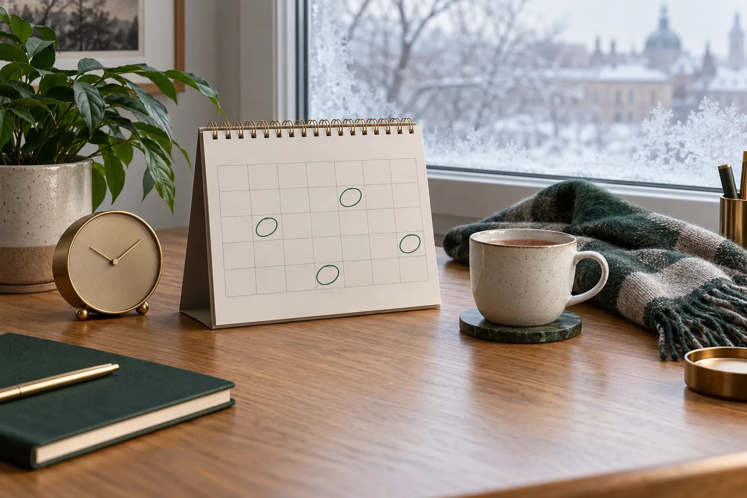Still life of a winter desk scene: a paper calendar with four dates circled in green ink, a ceramic mug of tea, a…