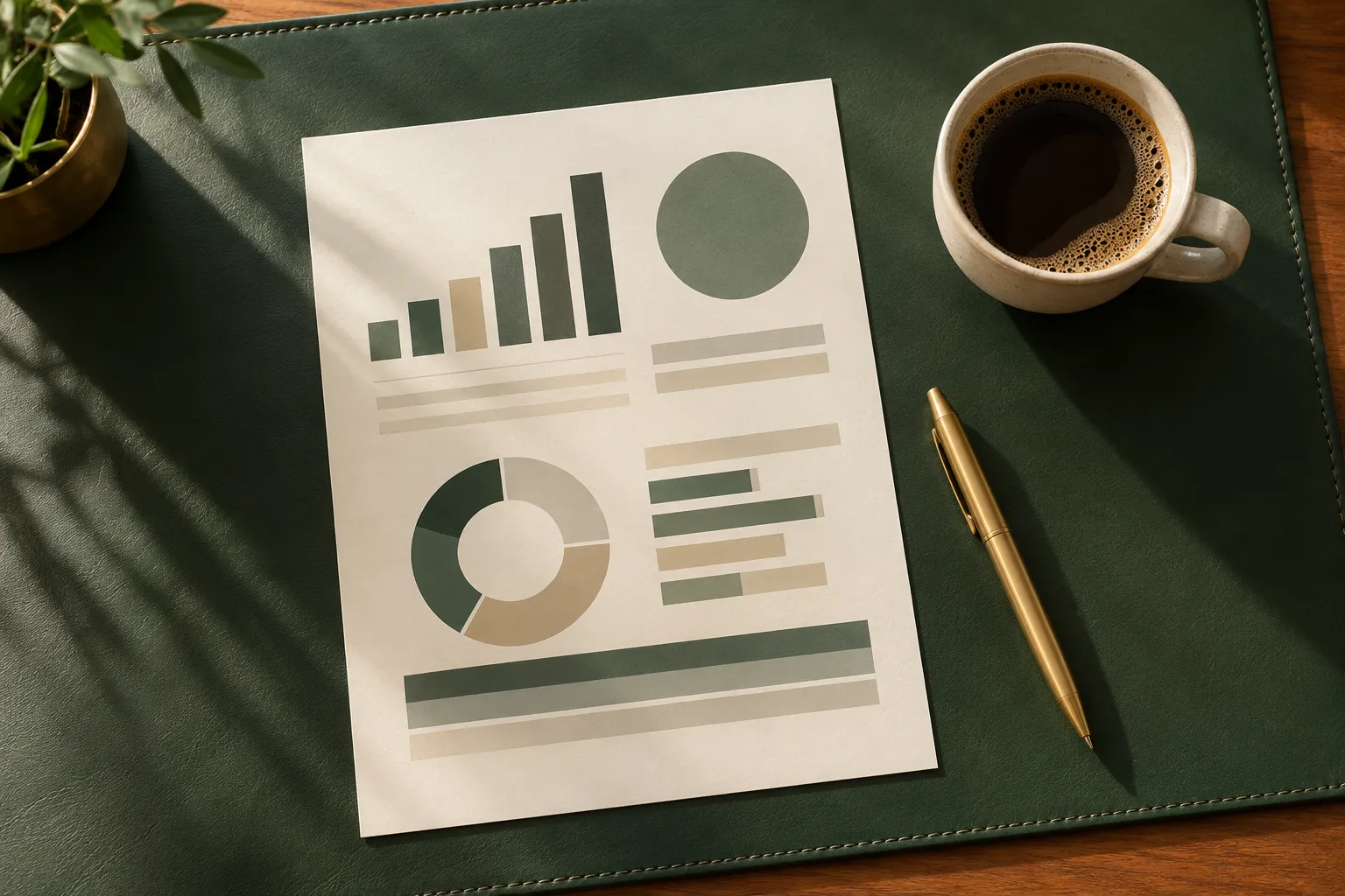 A single printed one-page financial summary with simple abstract bar shapes beside a cup of coffee and a brass pen…