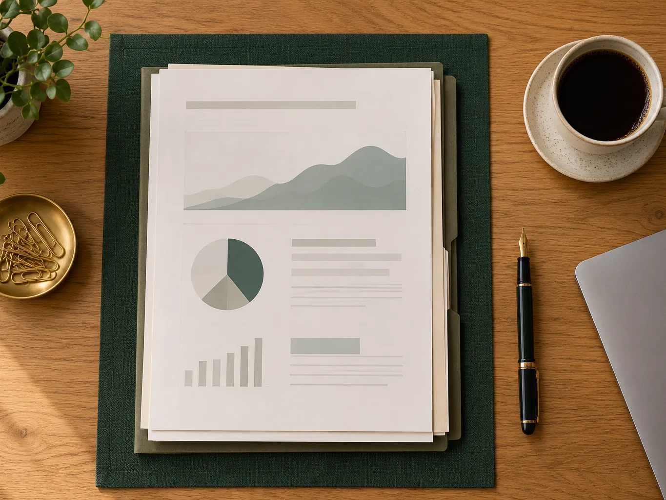 Editorial photograph of a tidy oak desk with a neatly stacked folder of financial statements, a brass paperclip…