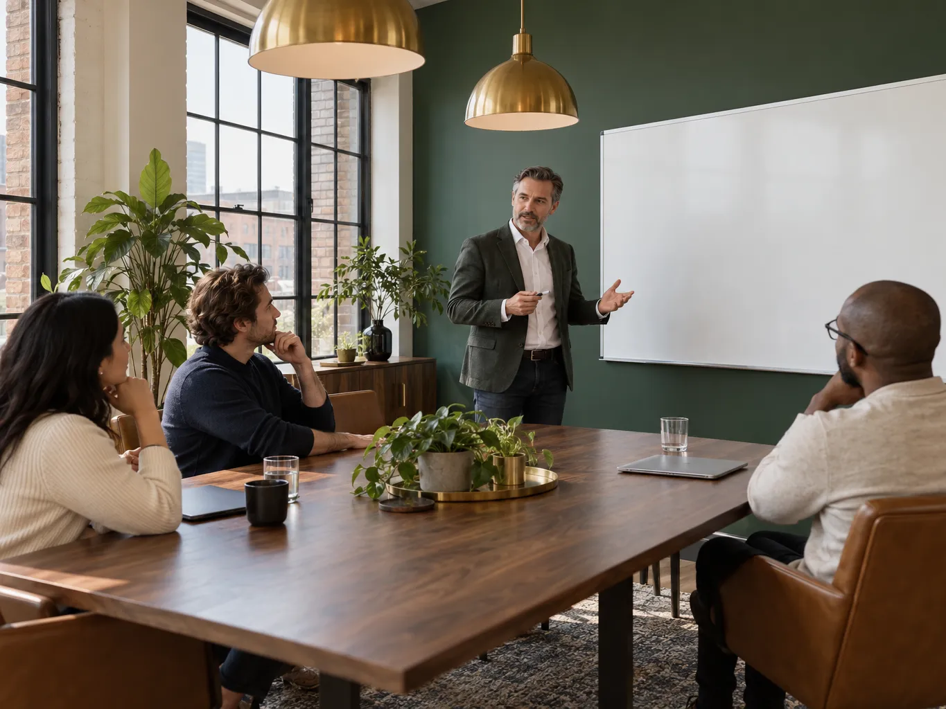 Photograph of a small boardroom in a converted warehouse, a fractional CFO standing beside a blank whiteboard while…