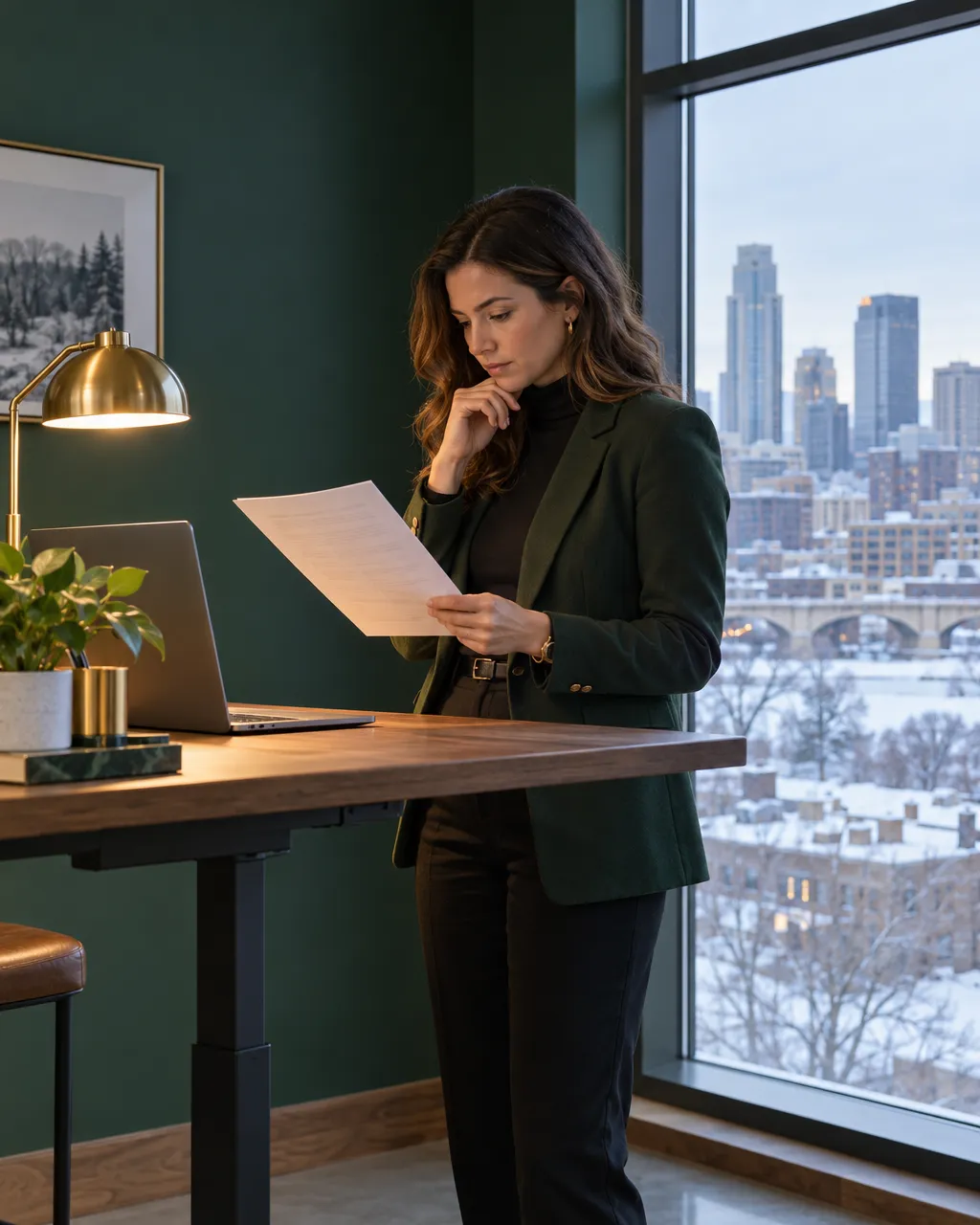 Quiet editorial photograph of a female accountant working at a standing desk near a tall window in winter,…