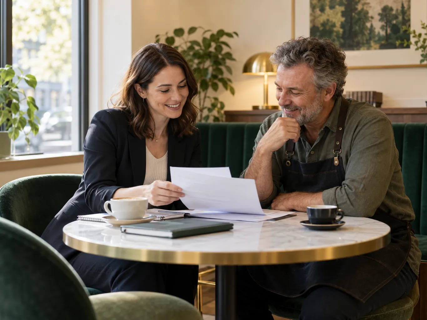 A female tax advisor in her thirties and a male cafe owner in his fifties reviewing documents together at a round…