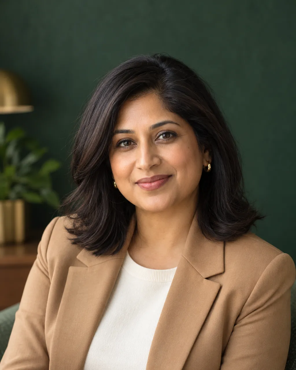 Professional head-and-shoulders portrait of a South Asian woman CPA in her mid-forties, shoulder-length dark hair,…