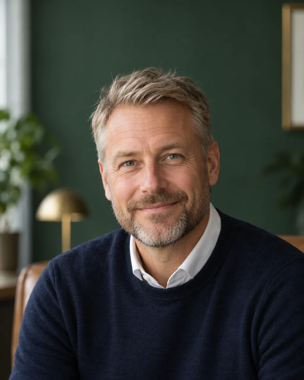Professional head-and-shoulders portrait of a Scandinavian man in his late forties with short greying blond hair and…