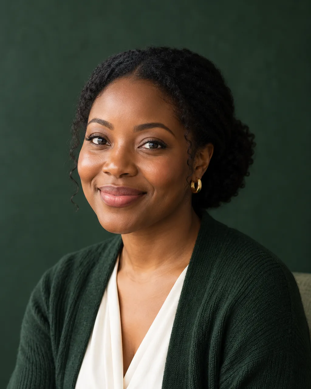 Professional head-and-shoulders portrait of a Nigerian American woman in her thirties