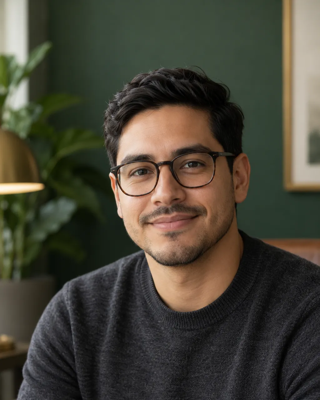Professional head-and-shoulders portrait of a Latino man in his early thirties with short dark hair and glasses,…