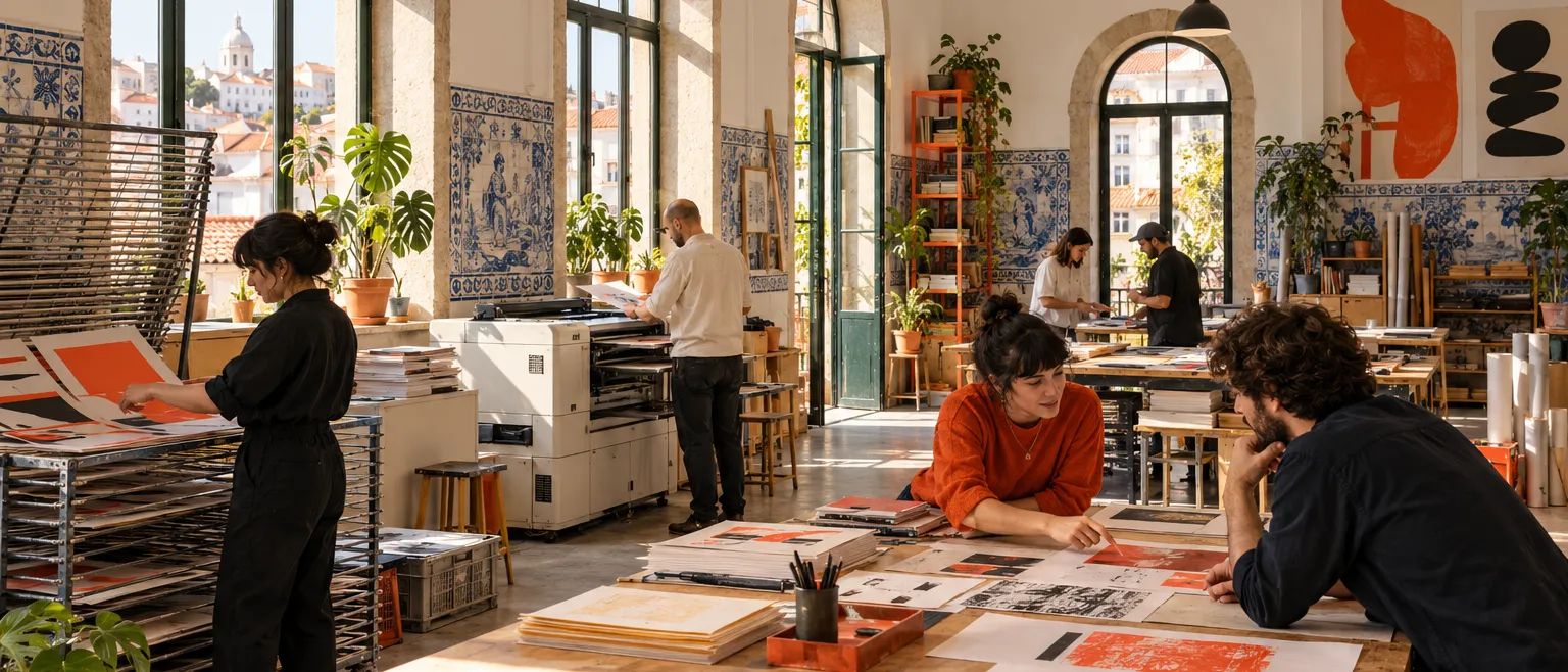 Interior of a creative studio in a former bakery in Lisbon, whitewashed walls, original blue azulejo tile dado, long…