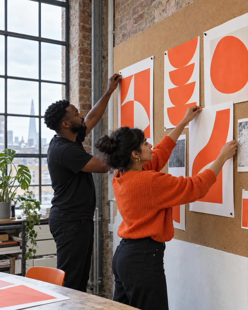 Two designers pinning large printed proofs onto a cork wall in an industrial London studio with exposed brick and…