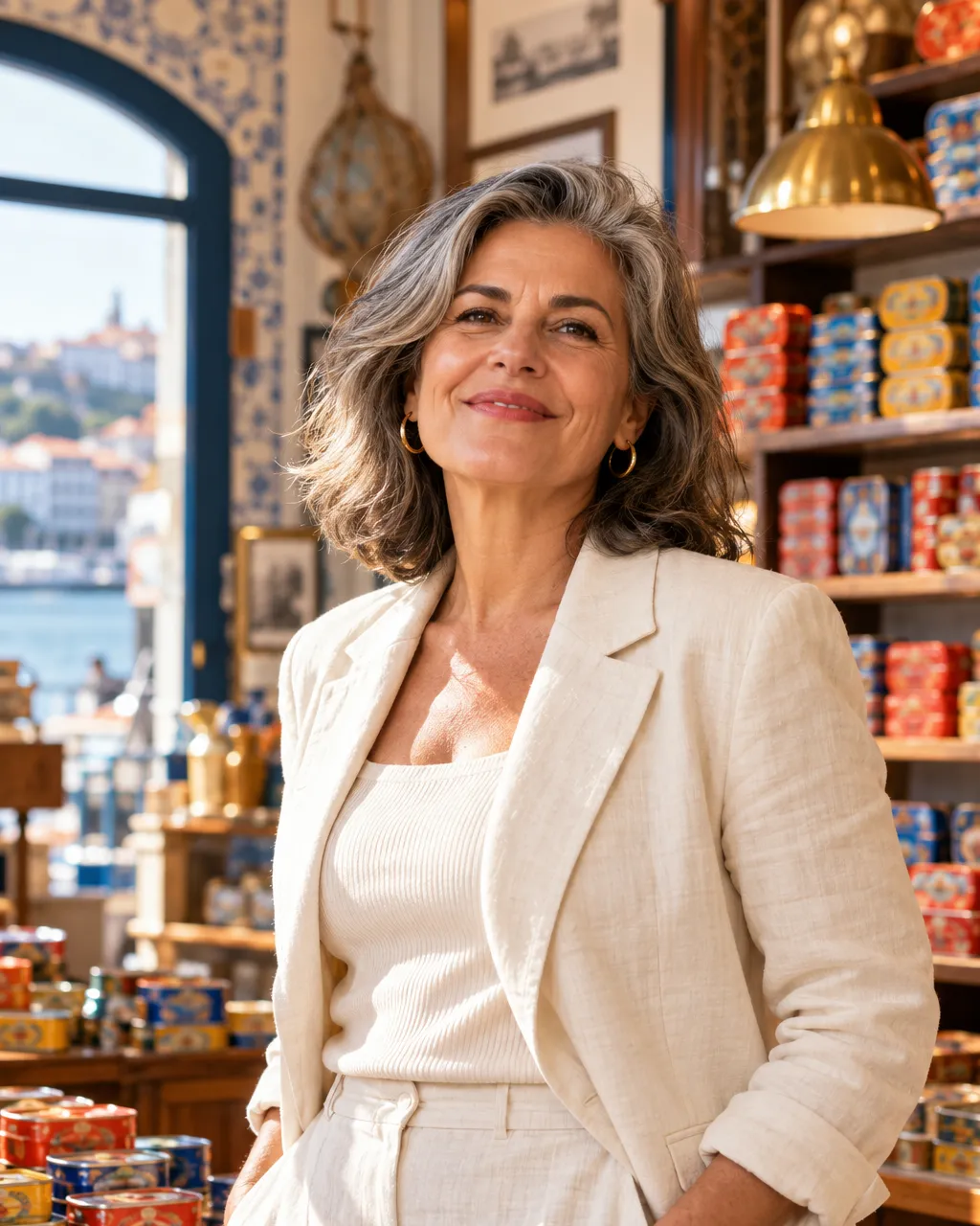 Environmental portrait of a Portuguese businesswoman in her fifties with silver-streaked hair, wearing a cream linen…