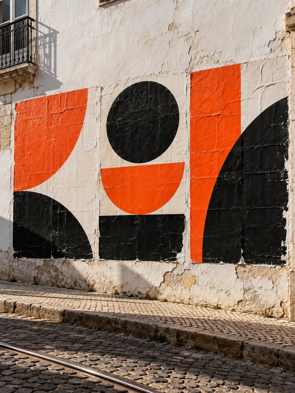 Large-format abstract posters with bold black and orange geometric shapes pasted on a whitewashed Lisbon wall, a…