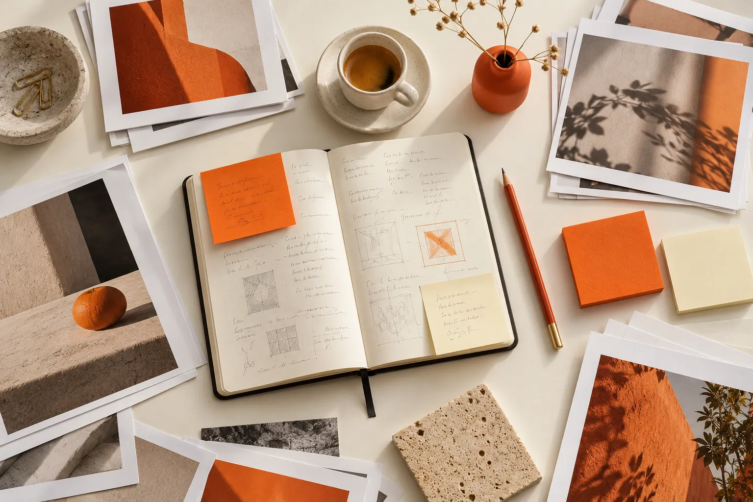 View of a studio worktable with an open notebook of handwritten notes too small to read, sticky notes in orange and…