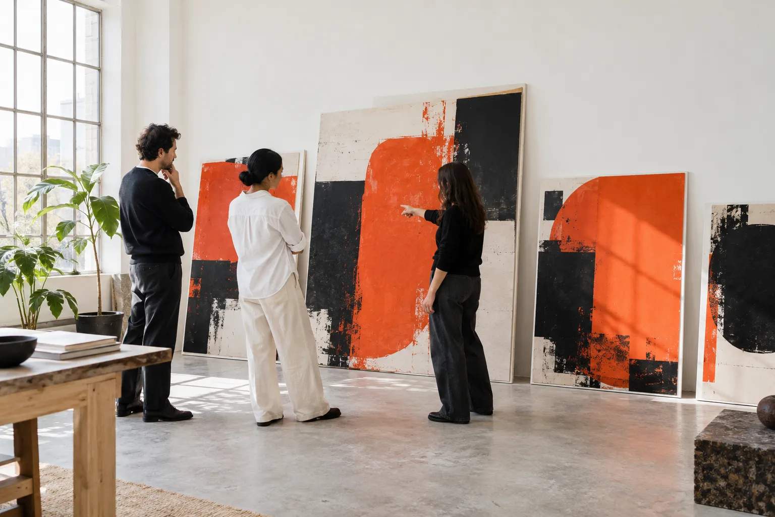 A brand presentation in progress: three people in a bright white studio looking at large printed boards leaning…