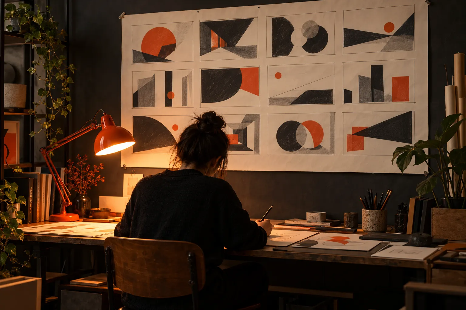Motion designer at work seen from behind in a dim studio, face turned away