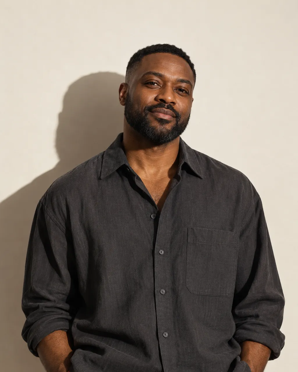 Studio portrait of a British Nigerian man in his late thirties with short cropped hair and a neat beard, wearing an…