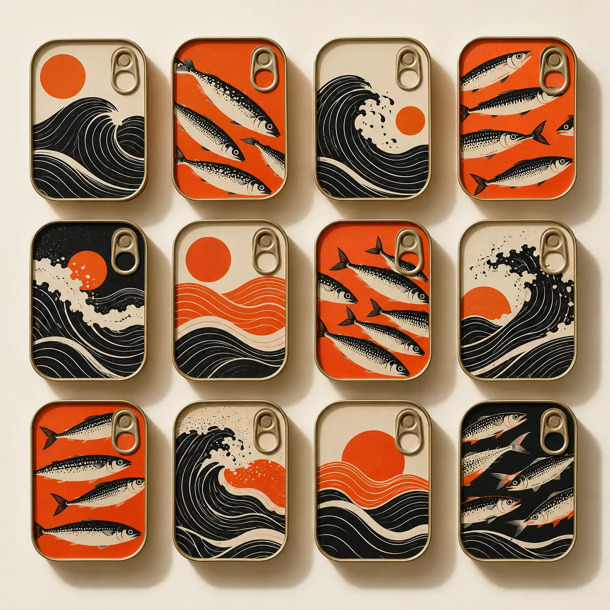 Bold orange and cream sardine tin packaging