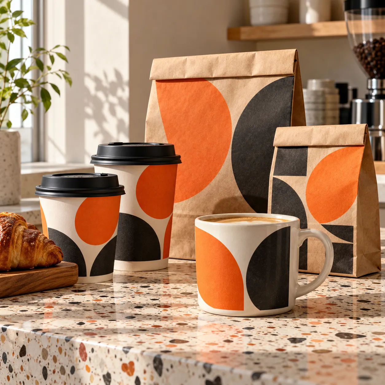 Coffee cups and paper bags with bold graphic pattern
