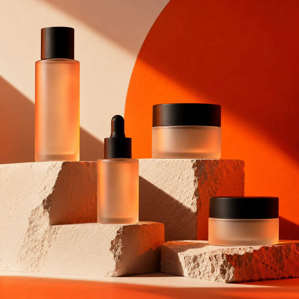 Skincare bottles in sculpted orange light
