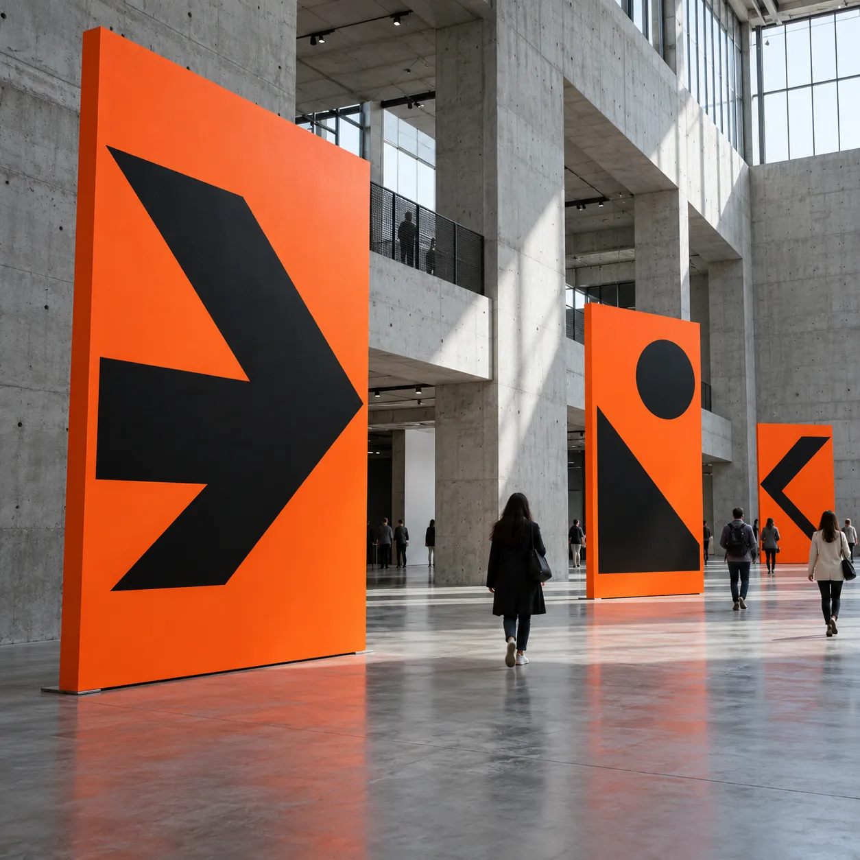 Event wayfinding signage in a concrete hall