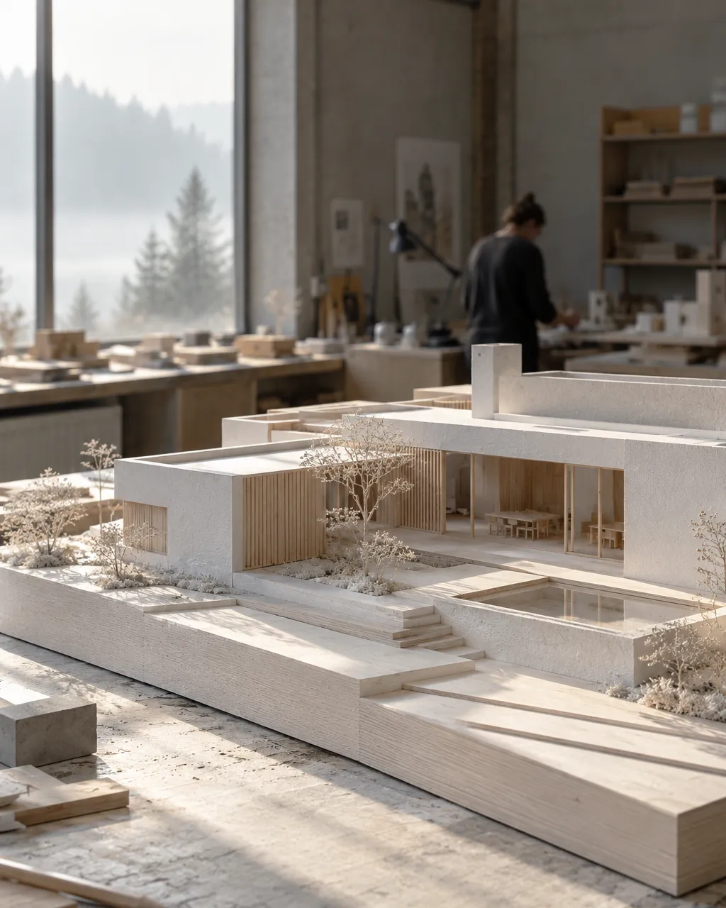 Close view of a large white architectural model in birch plywood and plaster on a workshop table, a model maker's…