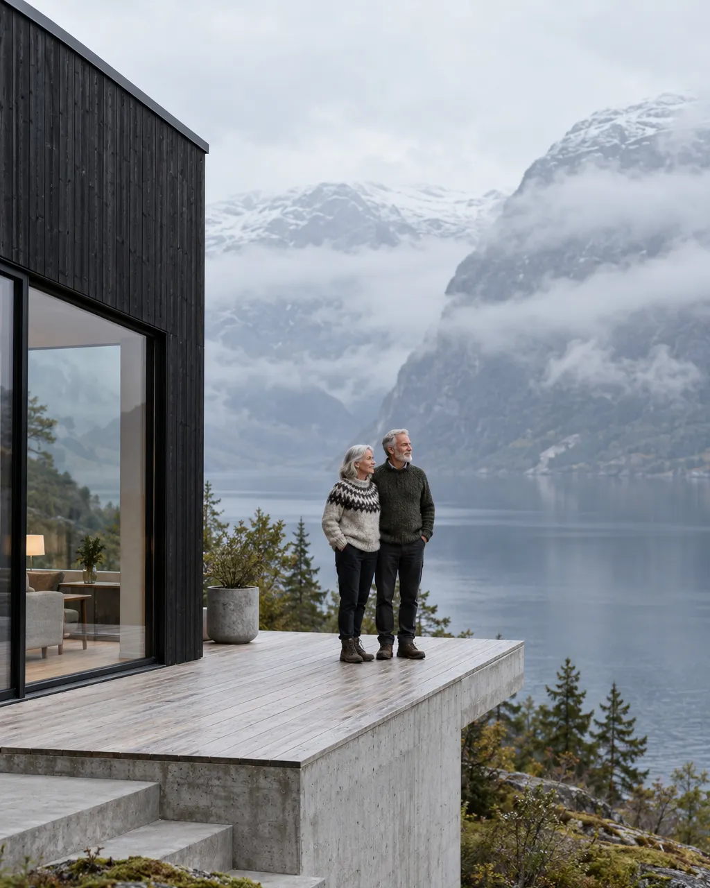 Environmental portrait of a Norwegian couple in their sixties standing side by side on a timber deck outside their…