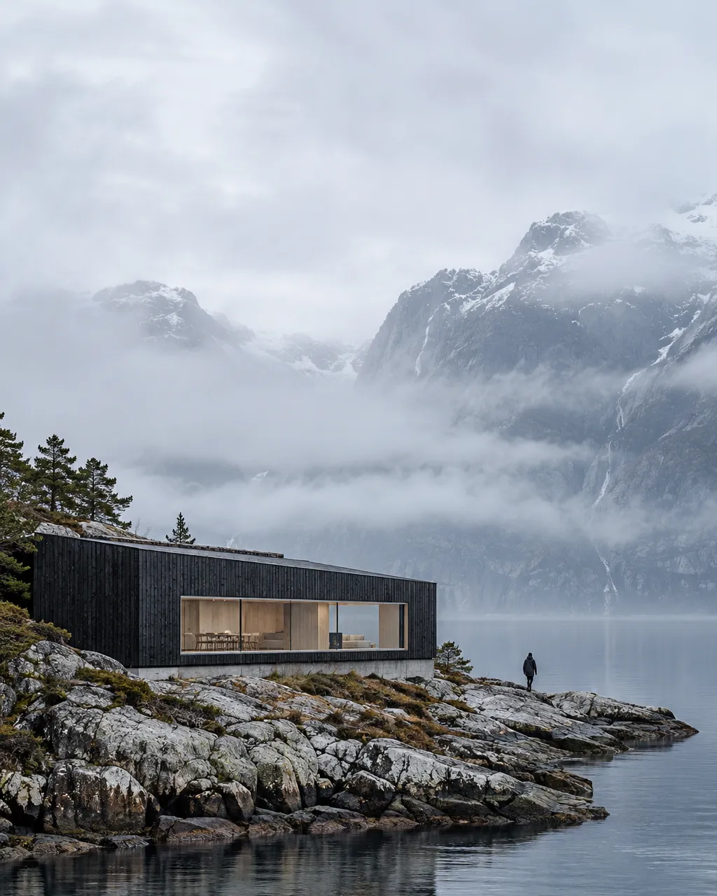 A low, dark charred-spruce house with a single long window on a rocky fjord edge in Hardanger, Norway, thick soft…