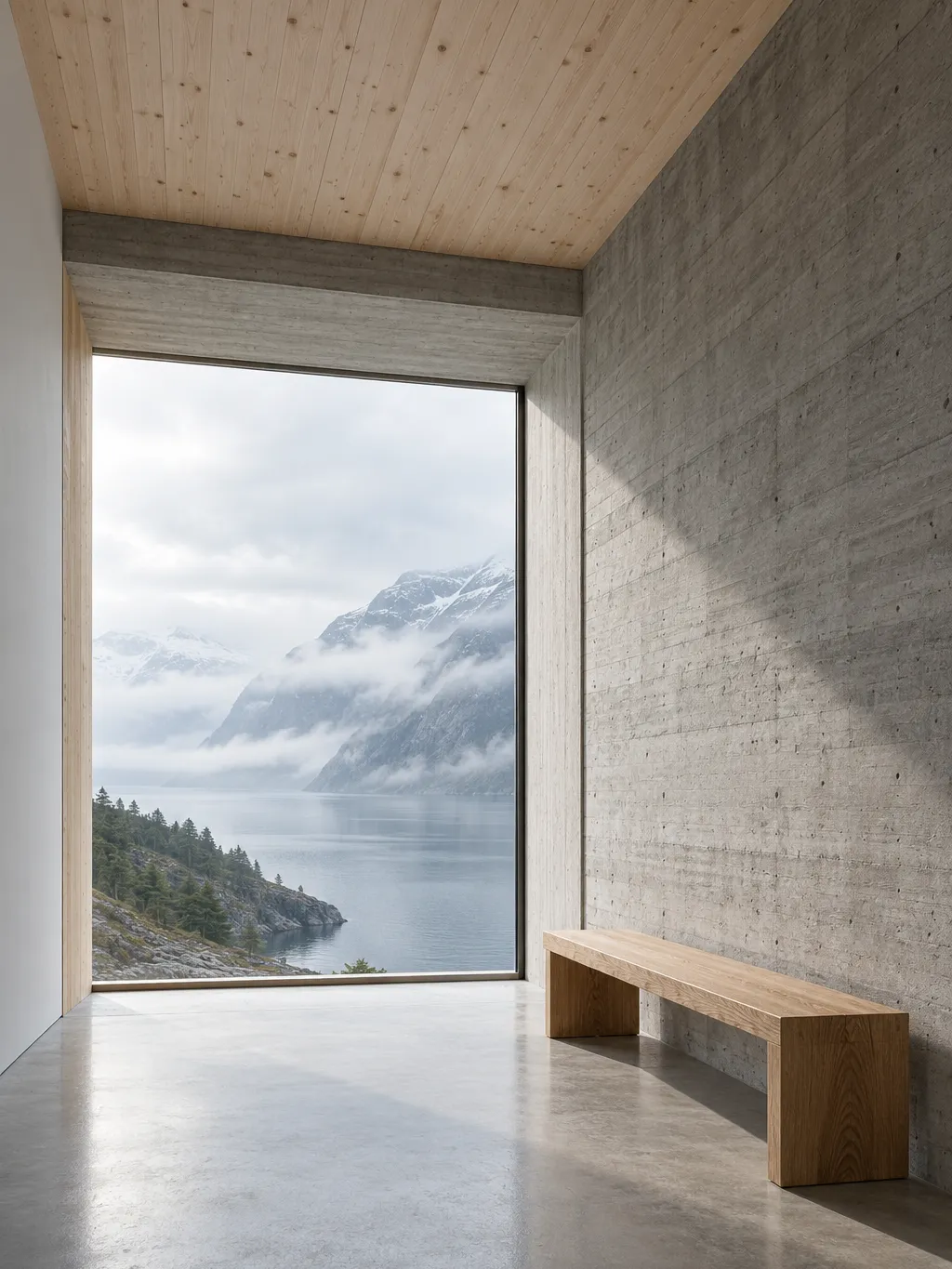 Minimal interior of a timber and concrete house: pale spruce ceiling, board-marked concrete wall, a deep window…