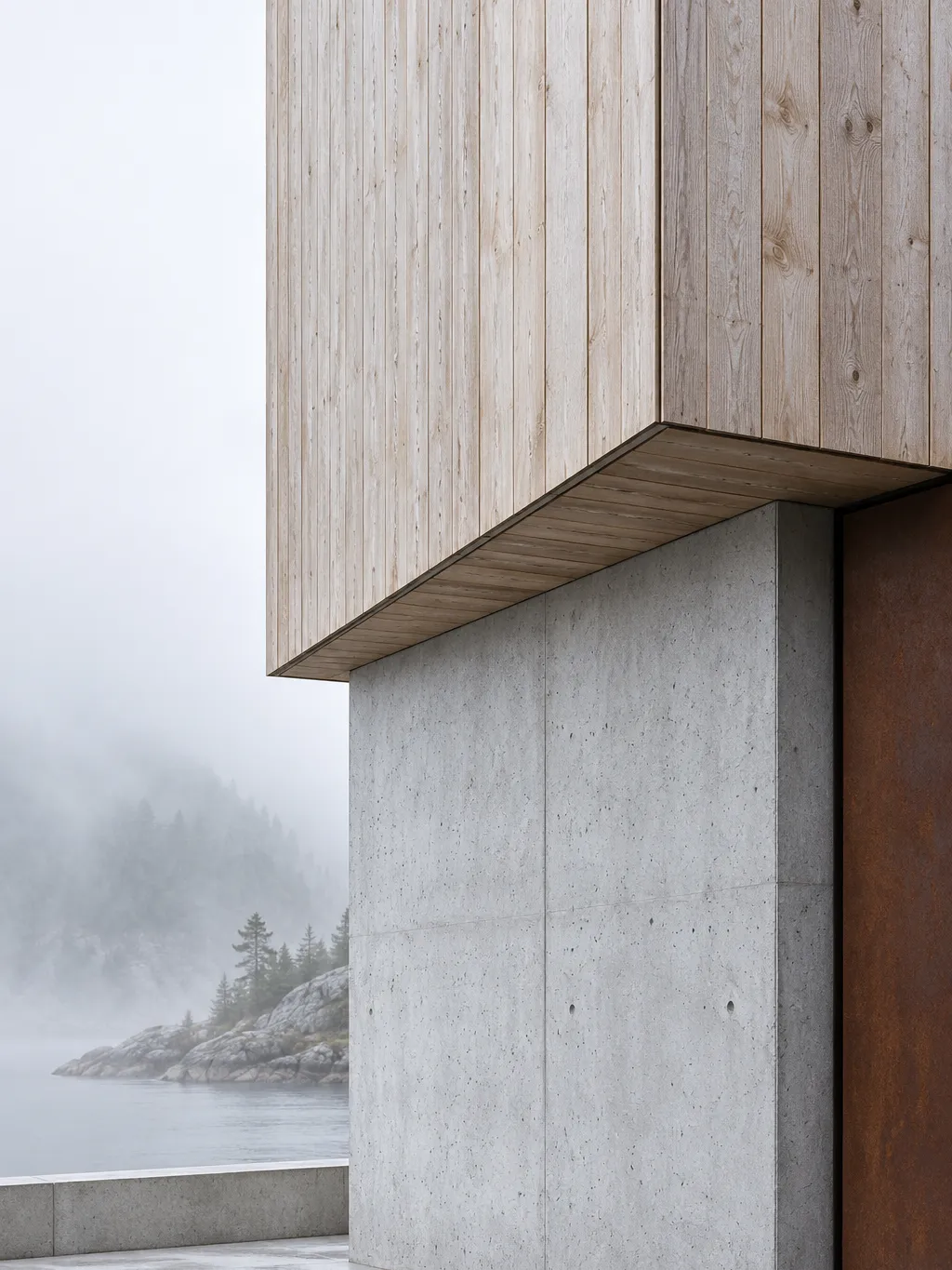 An architectural corner where pale timber cladding meets smooth light-grey concrete, crisp shadow line, overcast…