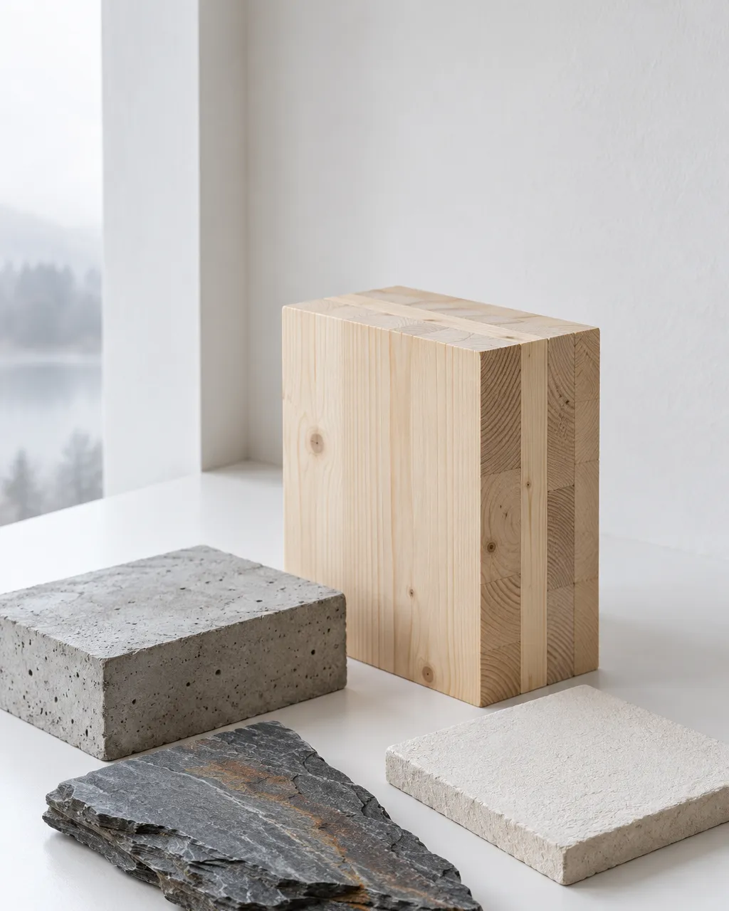 Still life of architectural material samples arranged on a white table: a block of pale spruce CLT, a small slab of…