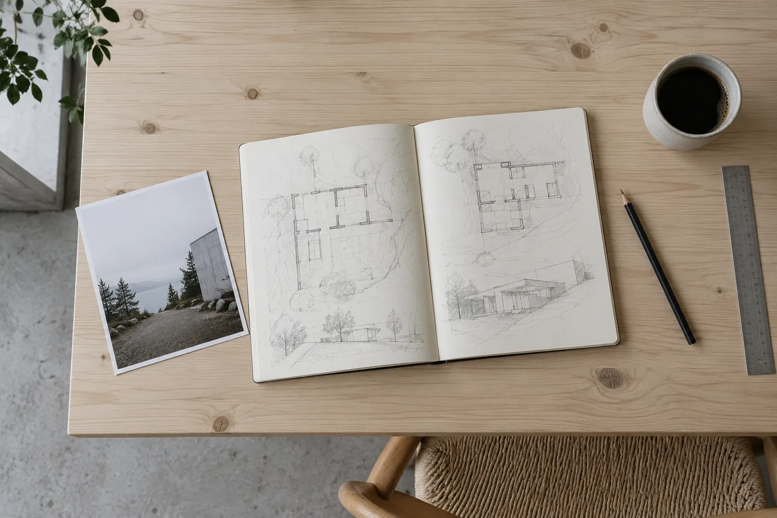 View of a pale wood table with an open sketchbook showing loose pencil floor-plan sketches without legible text, a…