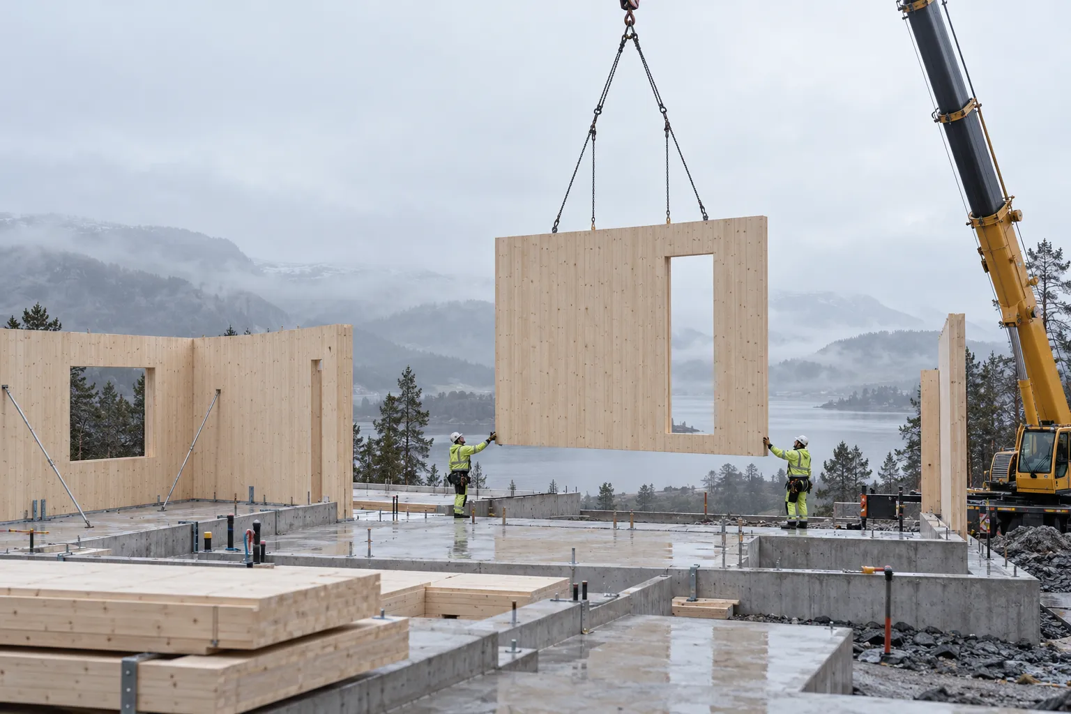 Construction site of a timber building: large cross-laminated timber wall panels being lowered by a crane, two…