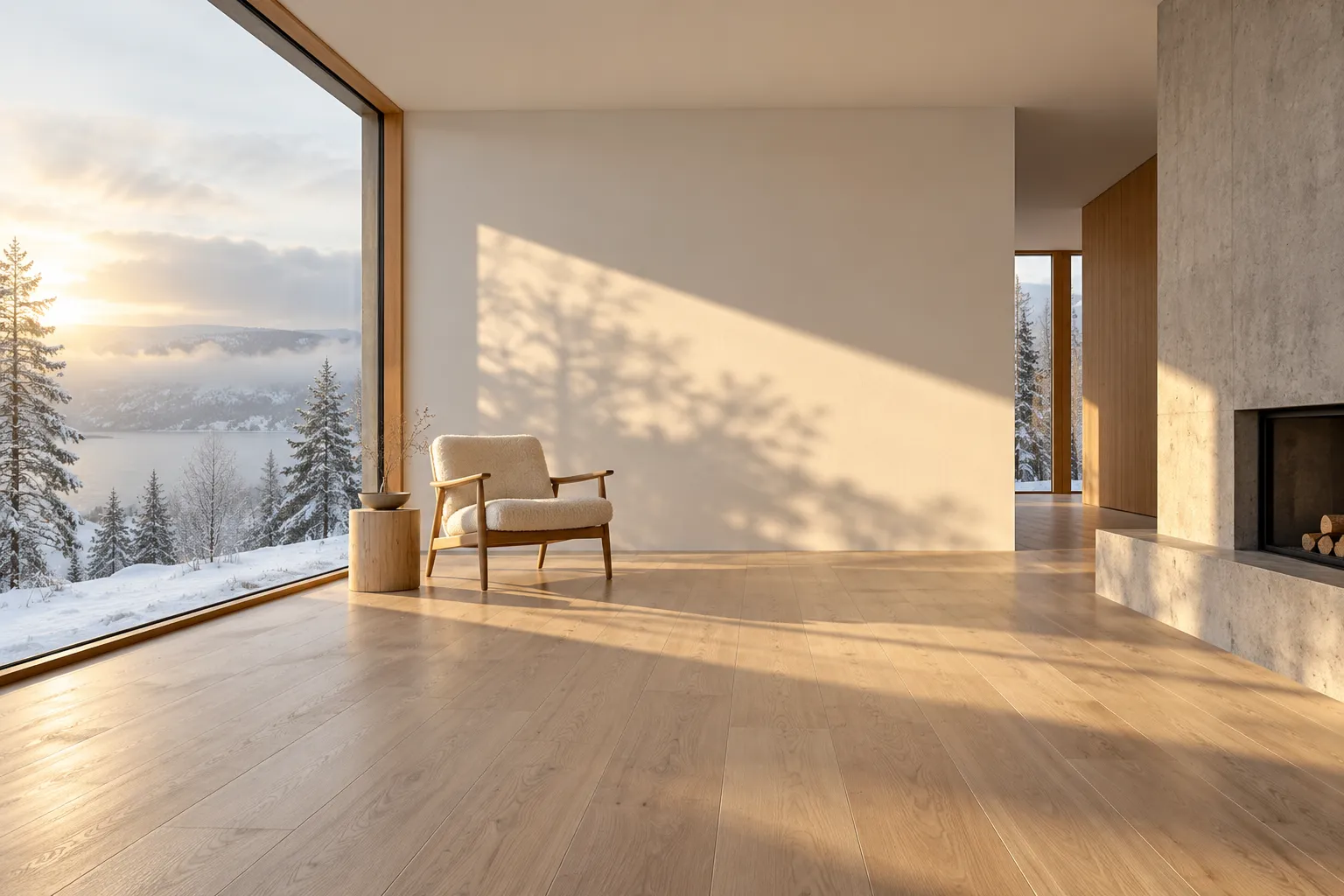 Minimal living room in a Scandinavian house in winter: low golden sun streaming horizontally through a tall window,…