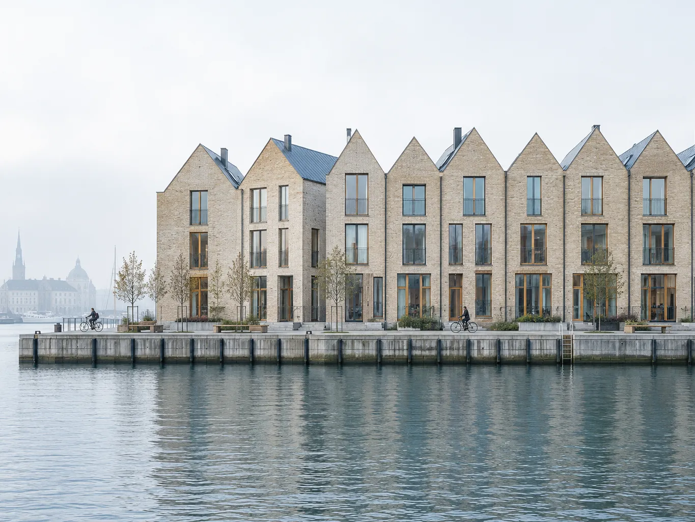 Row of pale brick townhouses by a harbour