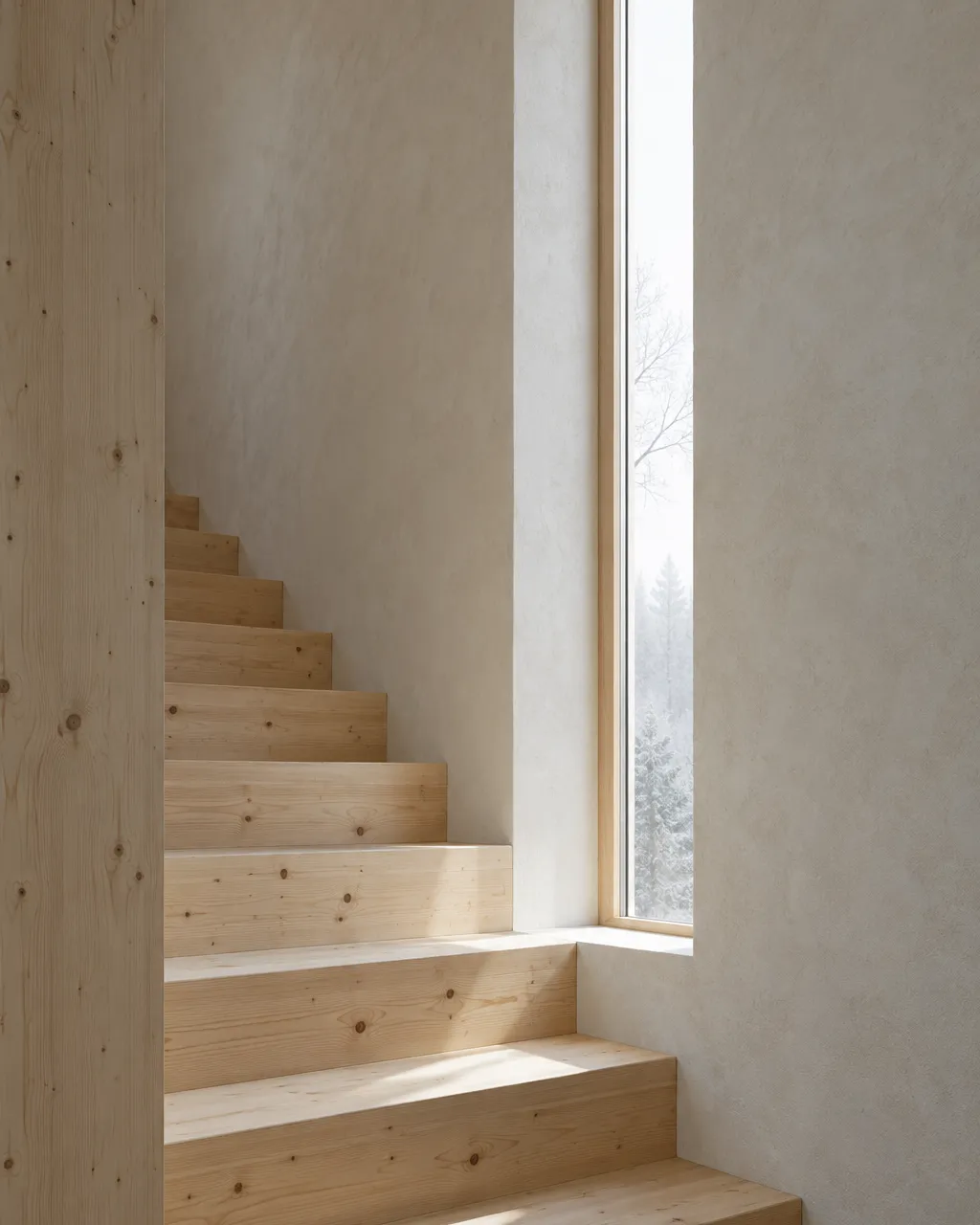 Detail of a stair in exposed cross-laminated spruce timber beside a limewashed wall, a narrow vertical window…