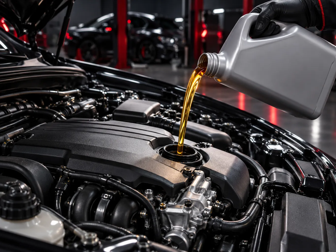 Clean engine bay of a modern sedan under focused workshop light with fresh oil being poured from a plain unlabeled…