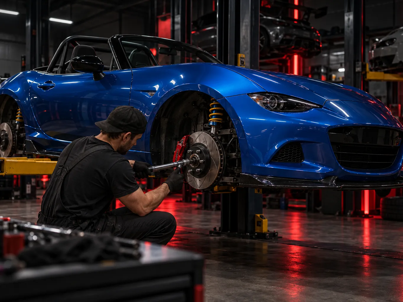 Blue compact roadster on a lift with wheels off in a dark garage, track-ready, mechanic torquing a wheel hub, red…