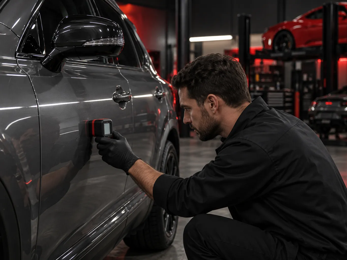 Technician holding a paint depth gauge to the door of a used grey SUV in a dim inspection bay, careful and precise,…