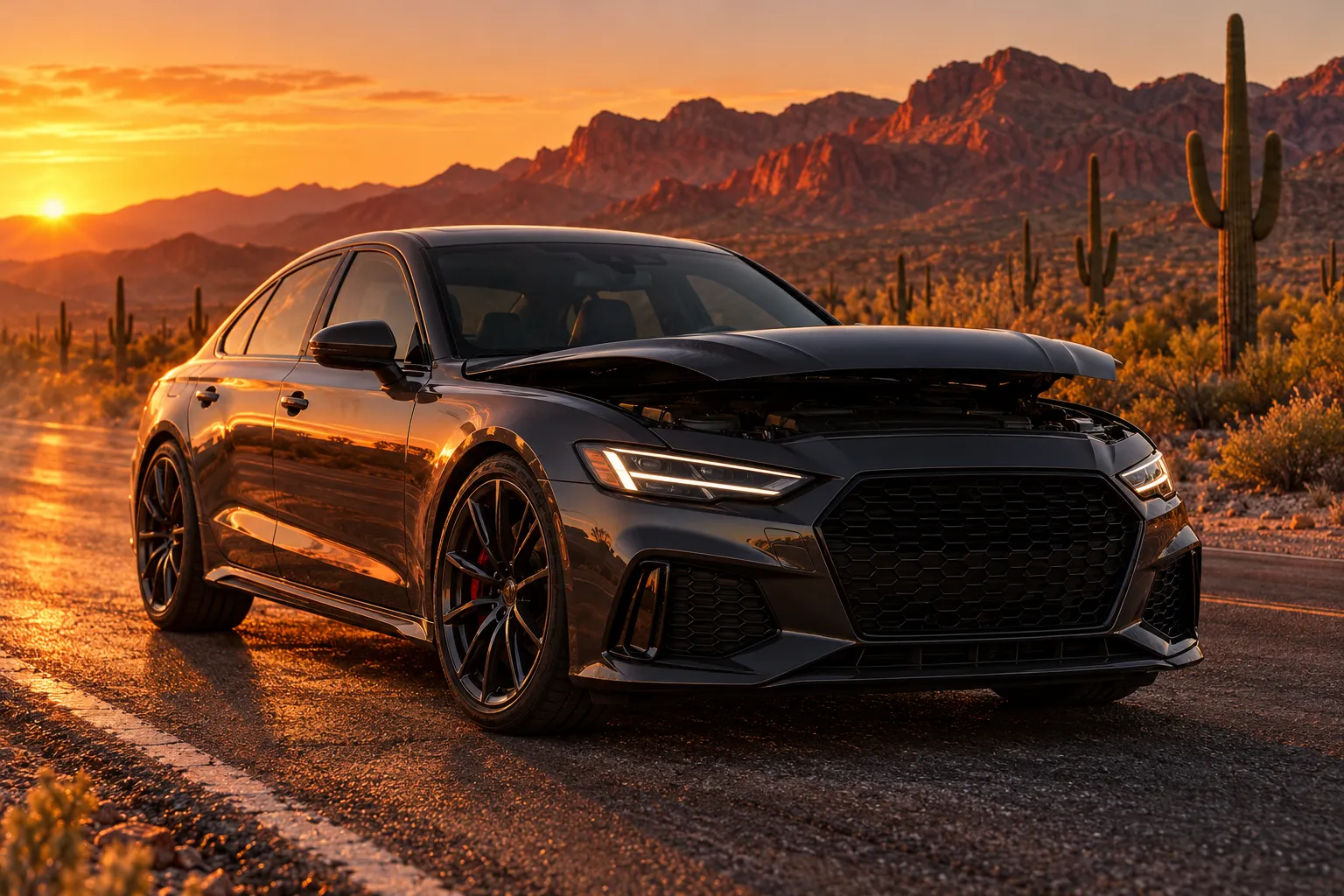 Sports sedan parked on a desert road outside Phoenix at golden hour, heat shimmer rising from the asphalt, saguaro…
