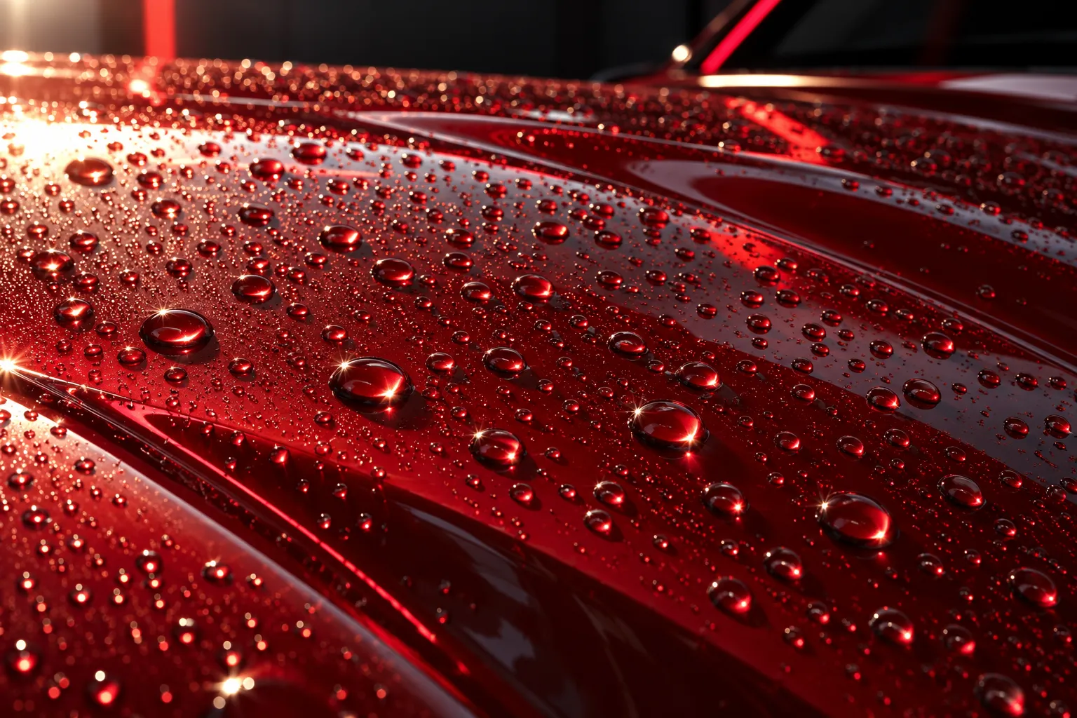 Close detail of water beading on the hood of a freshly ceramic-coated dark red car, round droplets catching sunlight…
