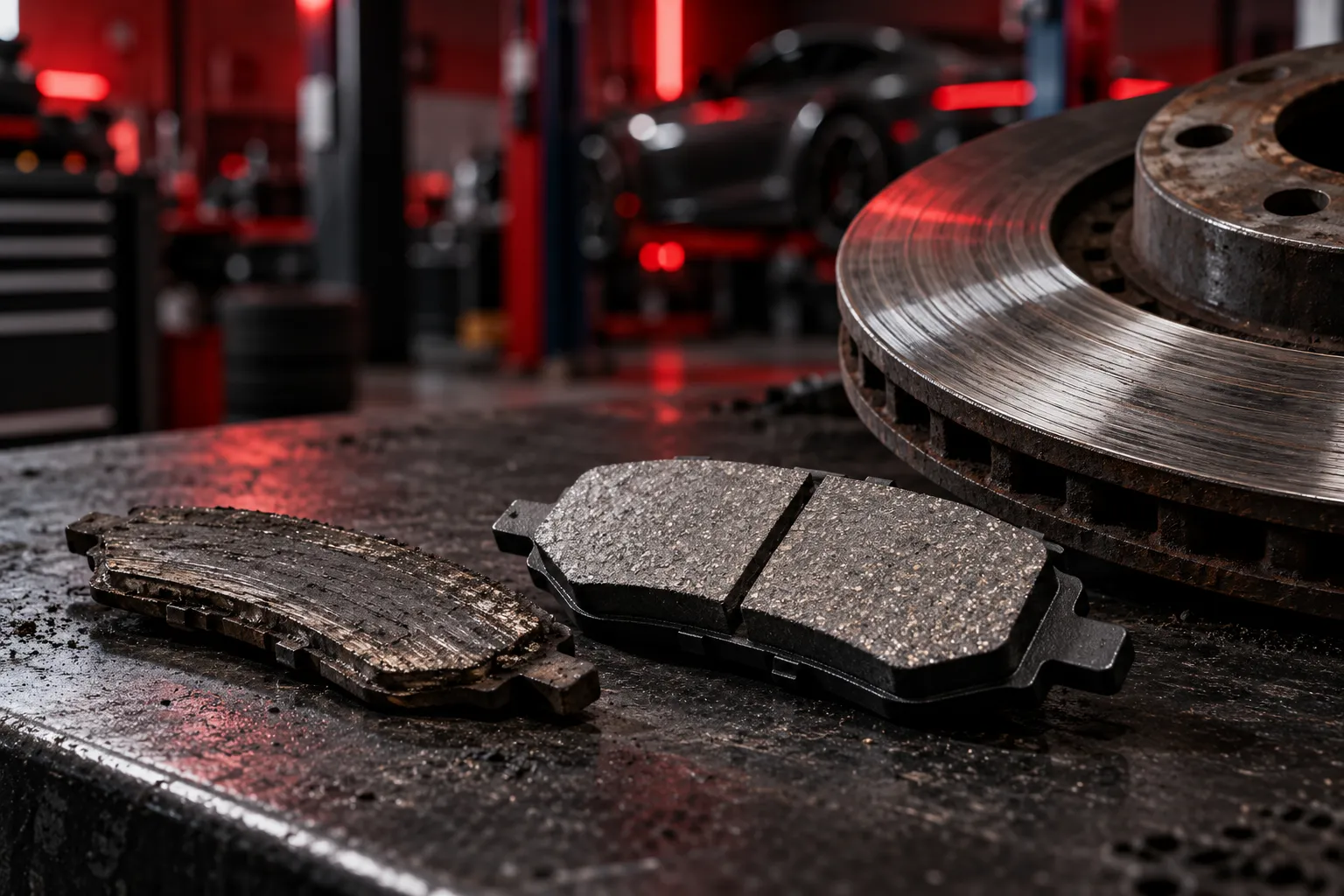 Worn brake pad next to a new one on a workshop bench beside a scored brake rotor, dark textured surface, focused…