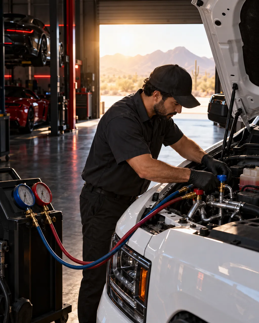 Technician connecting air conditioning service hoses to the engine bay of a white pickup truck in a dark shaded…