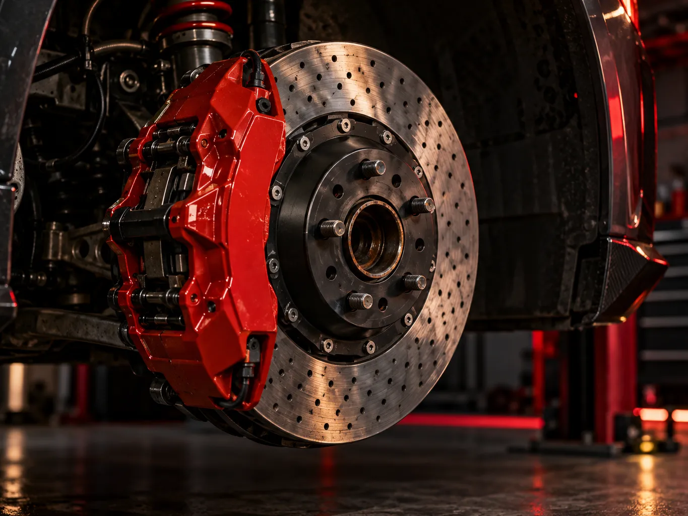 Close detailed shot of a large red performance brake caliper and drilled rotor on a sports car with the wheel…