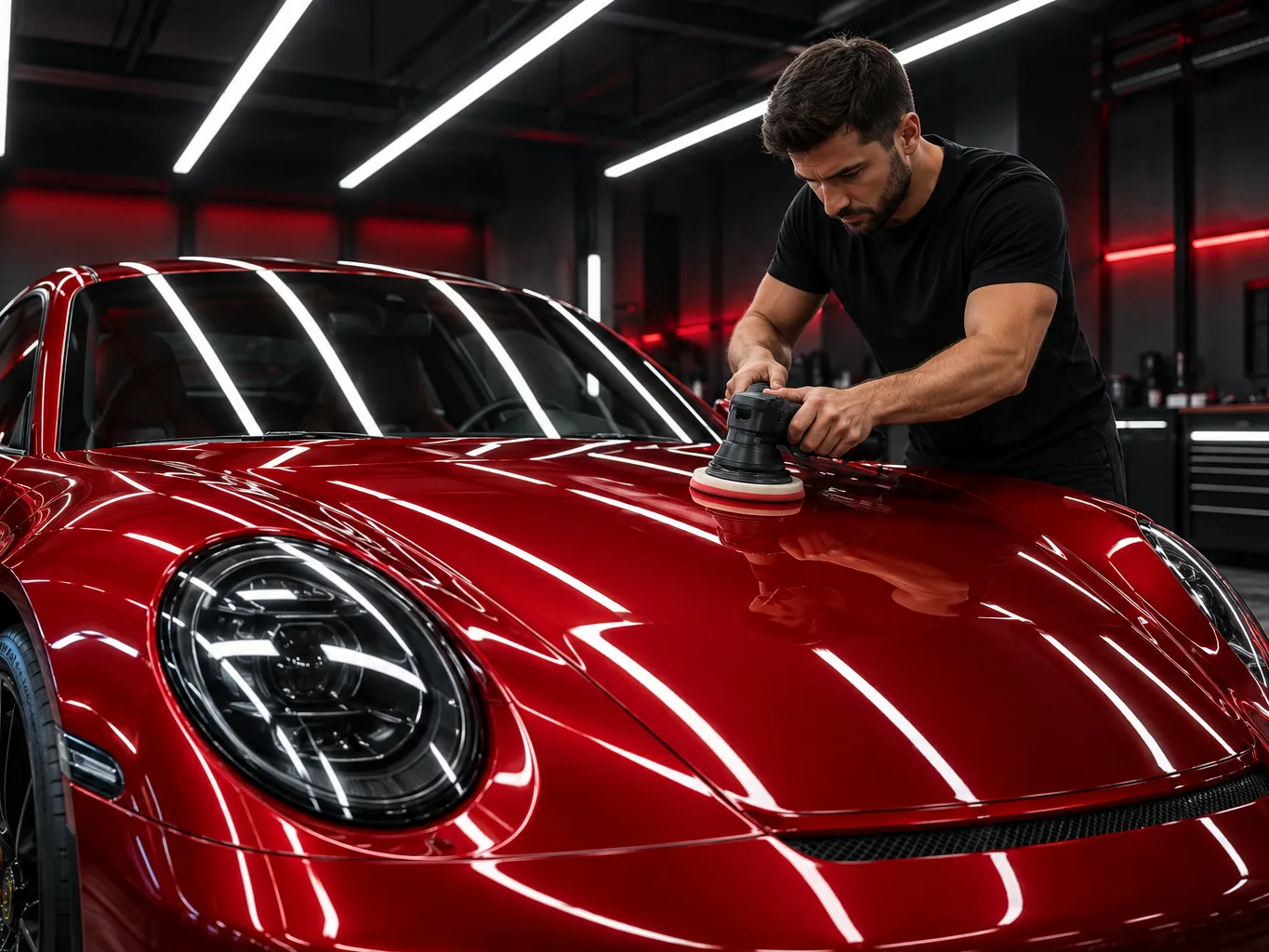 Er in a black t-shirt machine polishing the hood of a deep red sports car in a dark detailing studio with long…