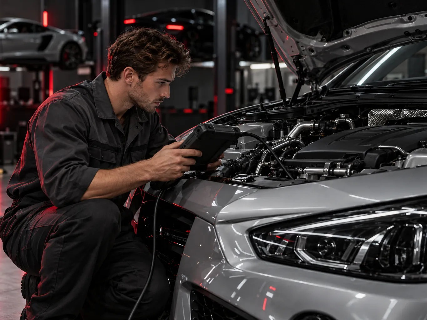 Technician in a dark grey uniform crouched by the open engine bay of a silver German sedan using a handheld…