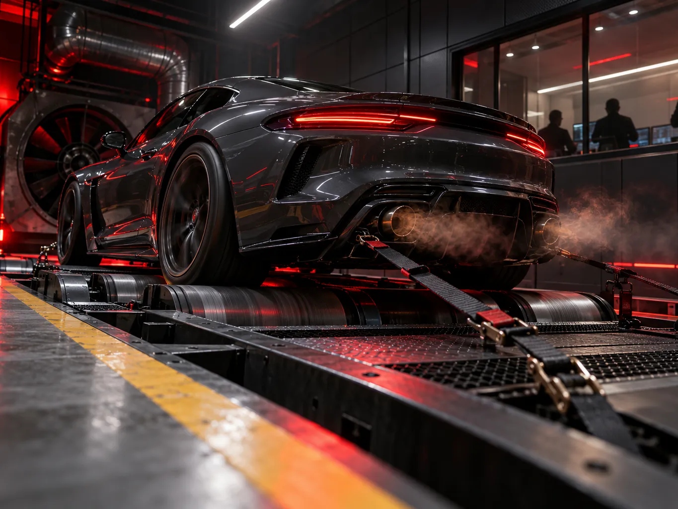 Low-angle shot of a dark grey sports car strapped onto a chassis dynamometer in a dim test cell, heat shimmer from…