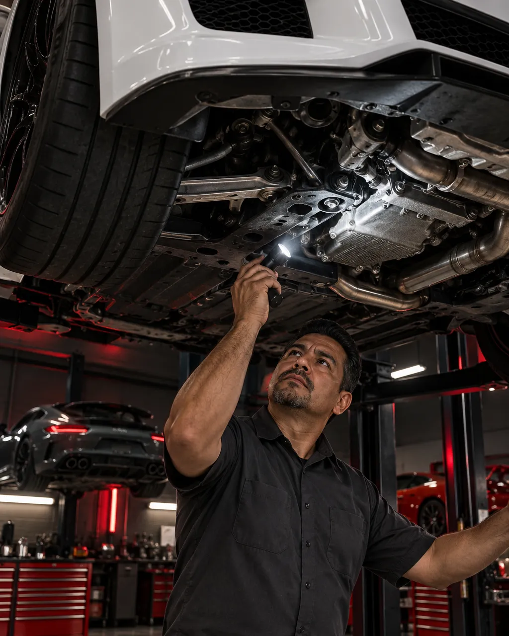 Experienced Latino technician in his forties wearing a charcoal work shirt inspecting the underside of a white…