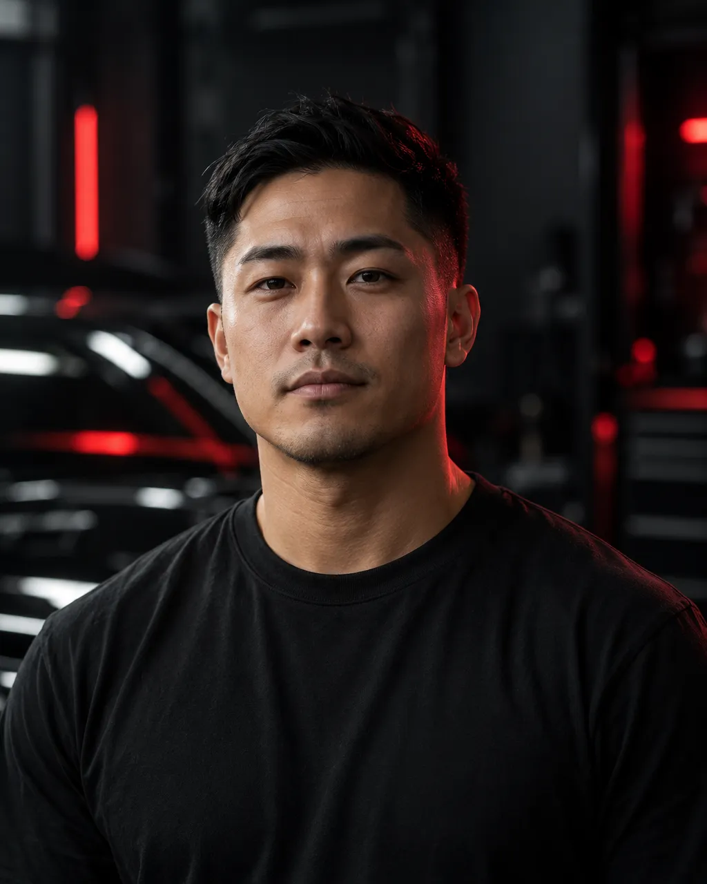A Japanese American man in his early thirties, lead detailer, short black hair, black t-shirt, calm focused…